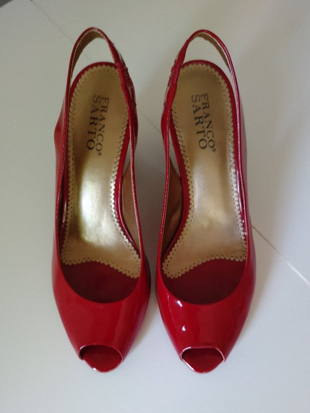 Franco Sarto Red Patent Leather Wedge Slingback Peeptoes, Size 8 - Picture 2 of 10